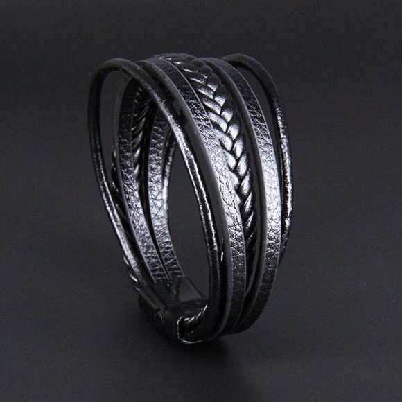Men's Multi-Layer Leather Bracelet With Magnetic-Clasp (Black) - Picture 1 of 4
